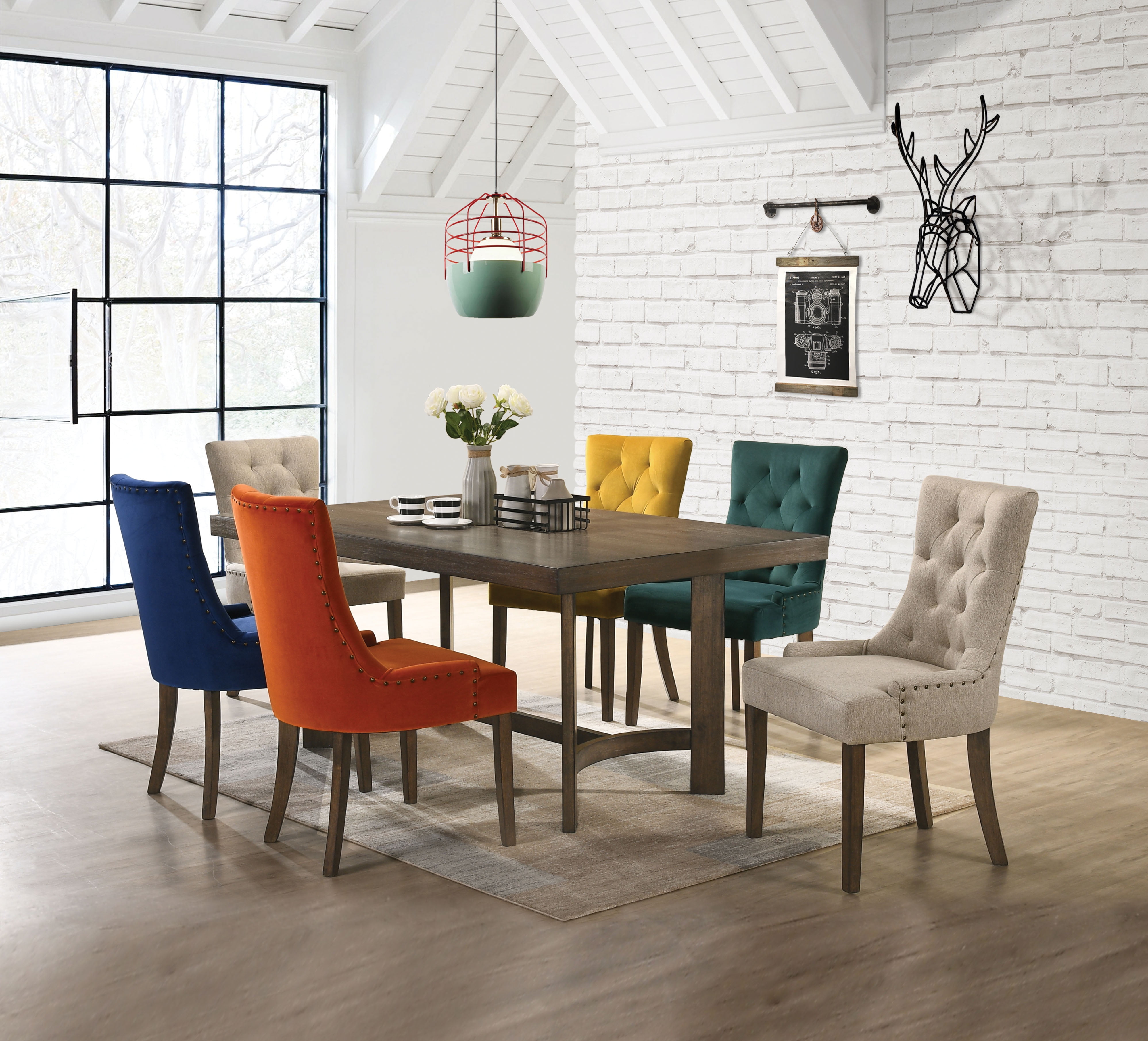 Espresso Trestle Base Dining Set with Multicolor Tufted Chairs