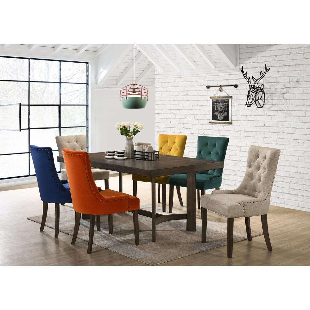 Beige Fabric Tufted Dining Chair with Espresso Wood Legs