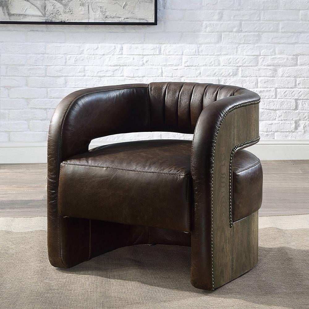 Espresso Leather Barrel Swivel Accent Chair with Wood Frame