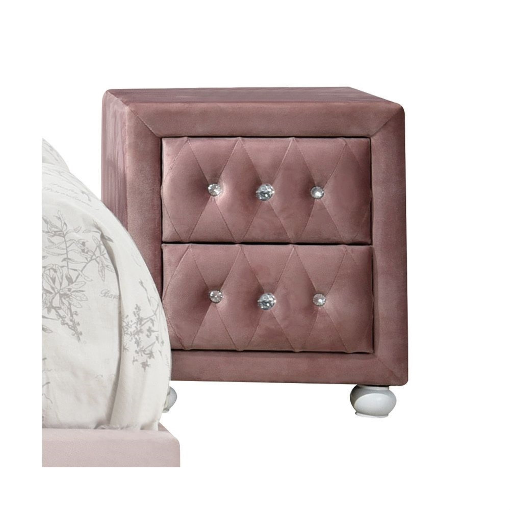 Reggie 17" Pink Fabric Nightstand with Crystal Tufted Drawers