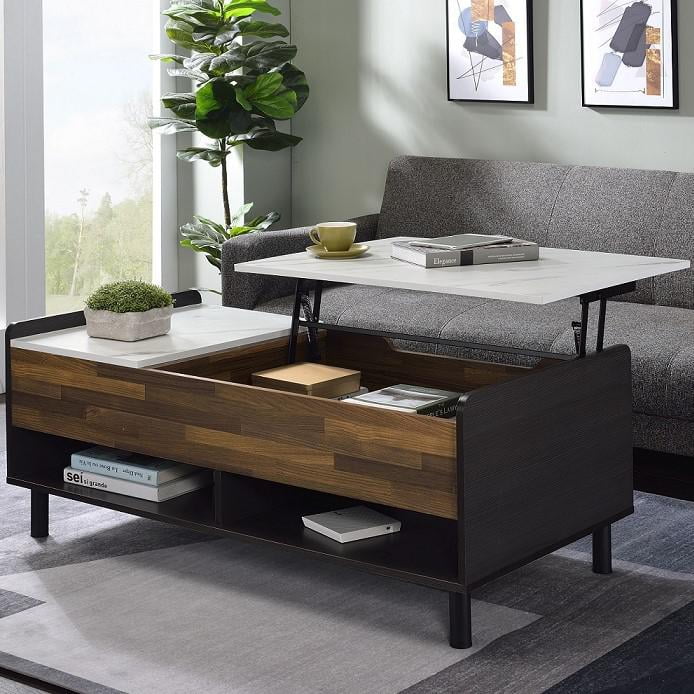 Axel Rectangular Walnut and Marble Lift-Top Coffee Table with Storage
