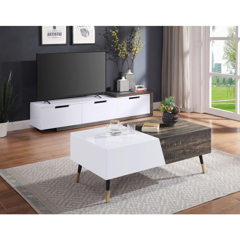 Orion 52.3" White Gloss and Rustic Oak Rectangular Coffee Table with Storage