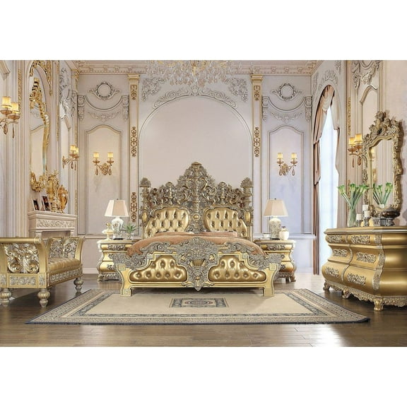 Acme Furniture ACME Seville Eastern King Bed, PU & Gold Finish, PU, Composite Wood, Resin, Upholstered