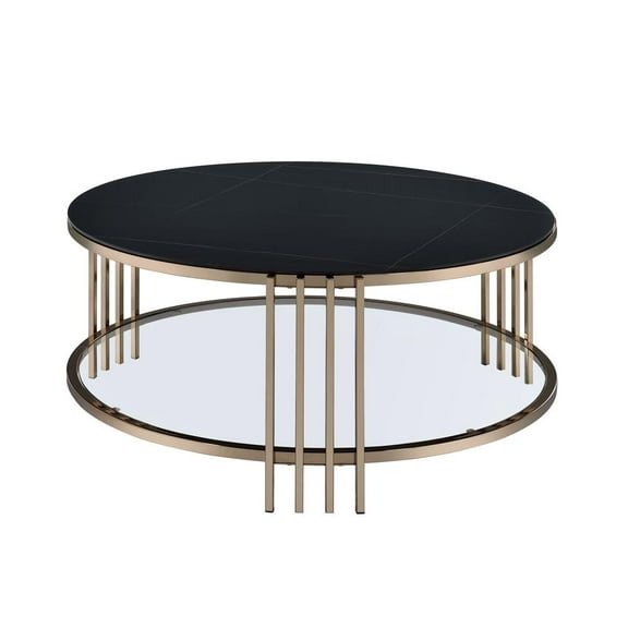 ACME Abisha Metal/Glass Coffee Table with Stone Top in Black/Champagne Gold