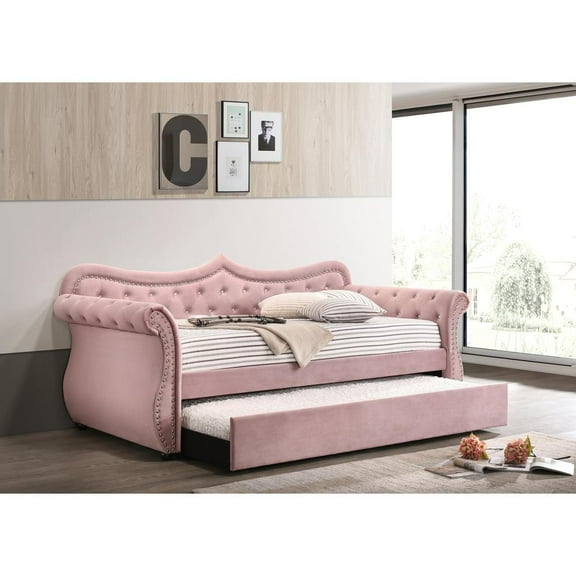 Acme Furniture ACME Adkins Daybed & Trundle, Pink Velvet