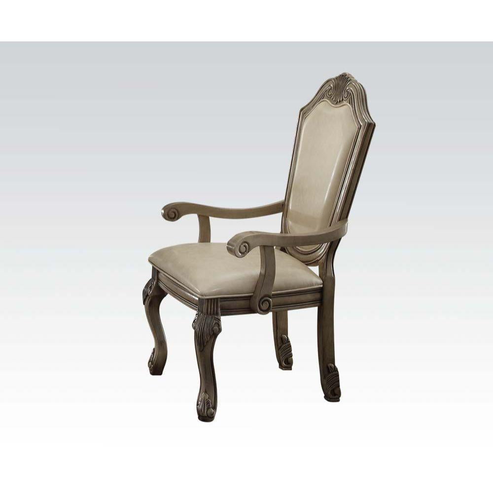Antique White High Back Leather Arm Chair with Wood Frame