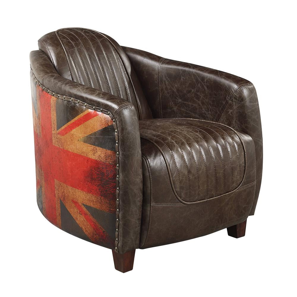 Brancaster Brown Leather Barrel Accent Chair with Union Jack Design