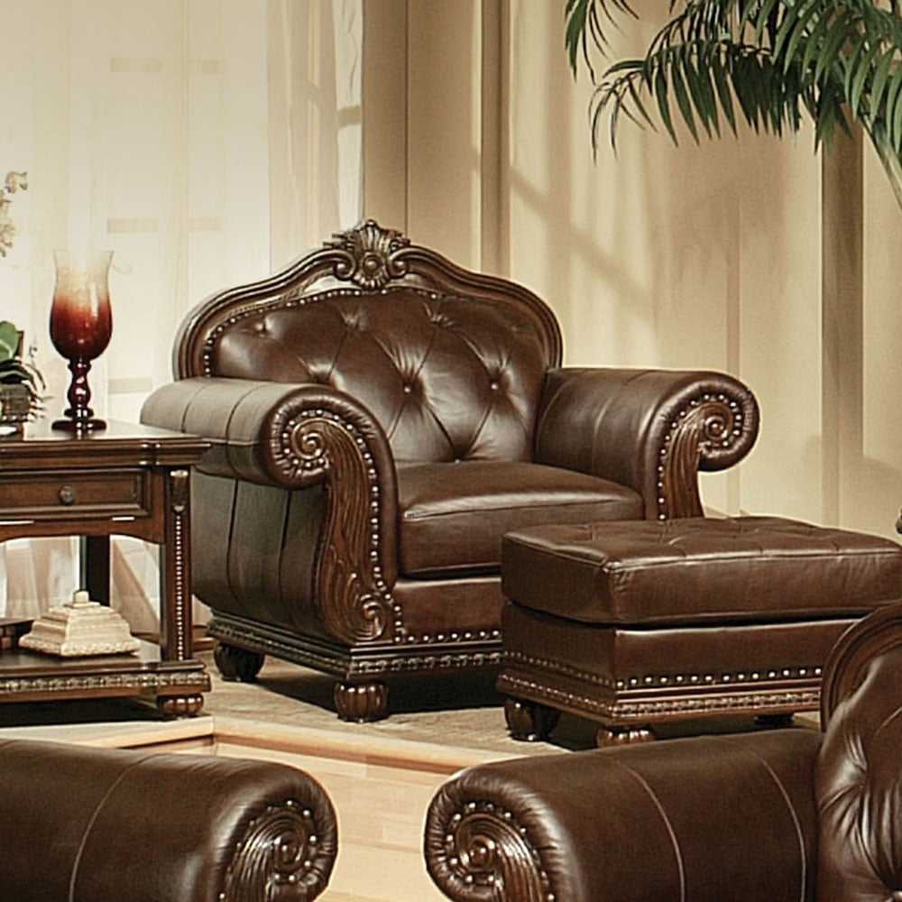 Espresso Vintage Elegance 47" Leather & Wood Accent Chair