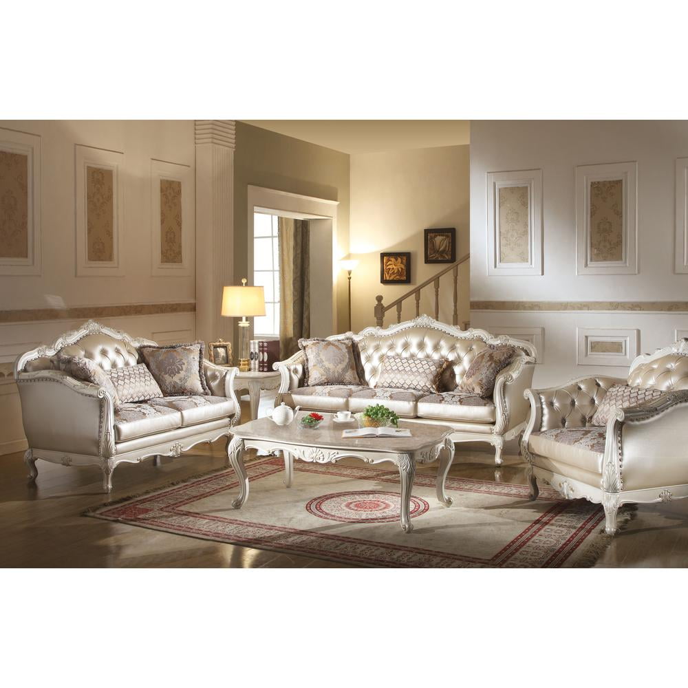 Pearl White Floral Faux Leather Accent Chair with Wood Accents