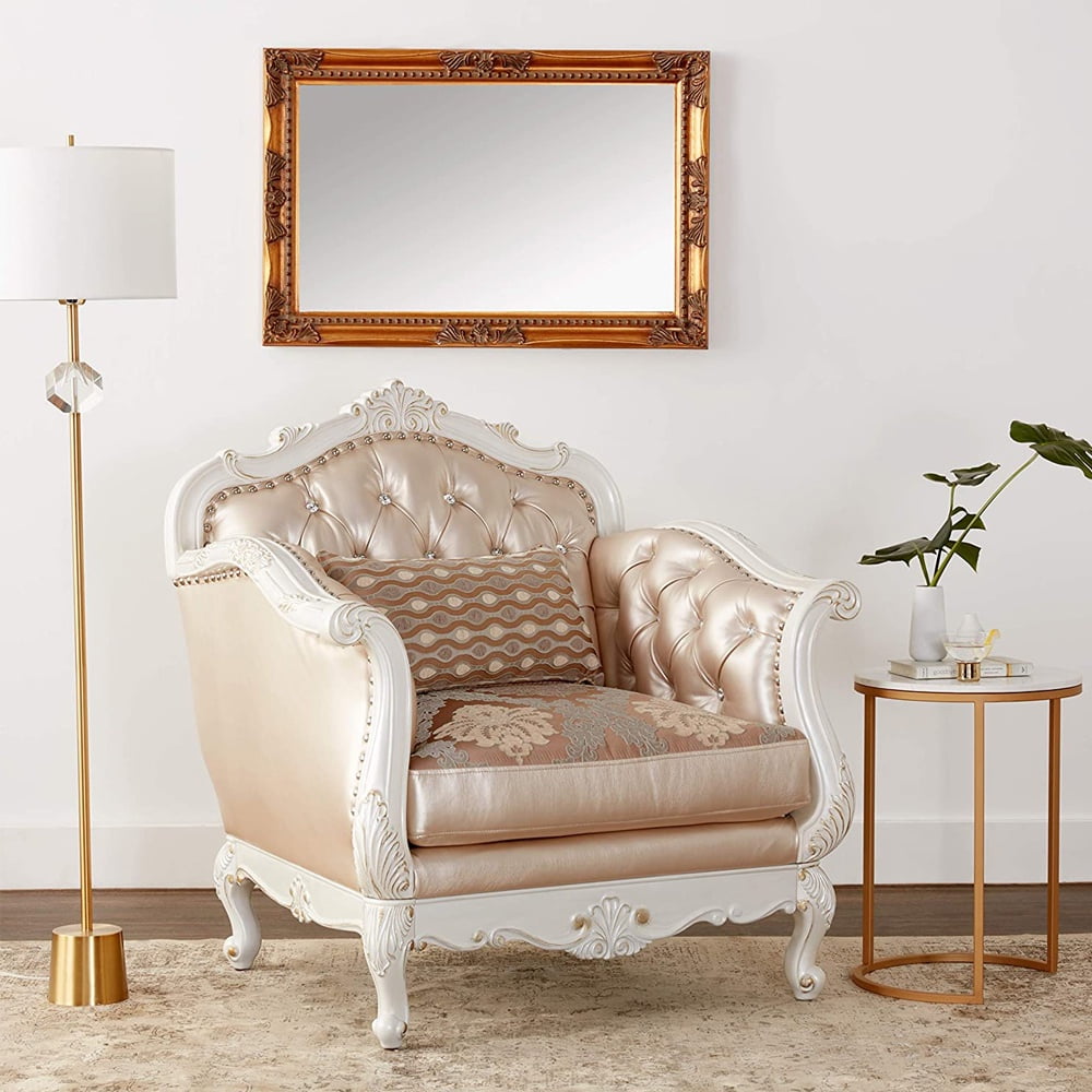 Pearl White Floral Faux Leather Accent Chair with Wood Accents