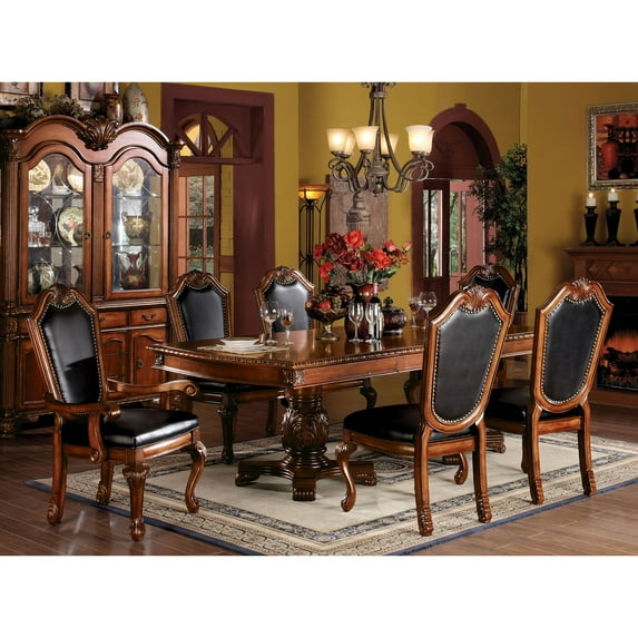 Acme Furniture Chateau De Ville 7 Piece Double Pedestal Dining Table Set - Cherry with Faux Leather Chairs