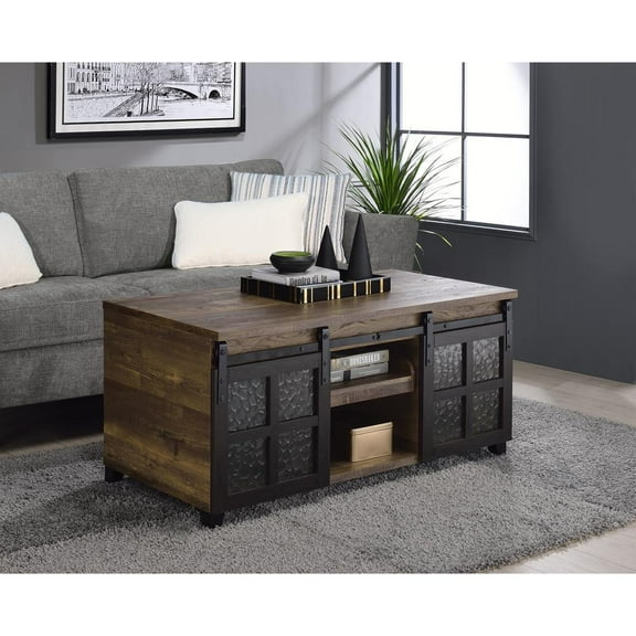 Acme Furniture Coffee Table, Obscure Glass, Rustic Oak & Black Finish 87955
