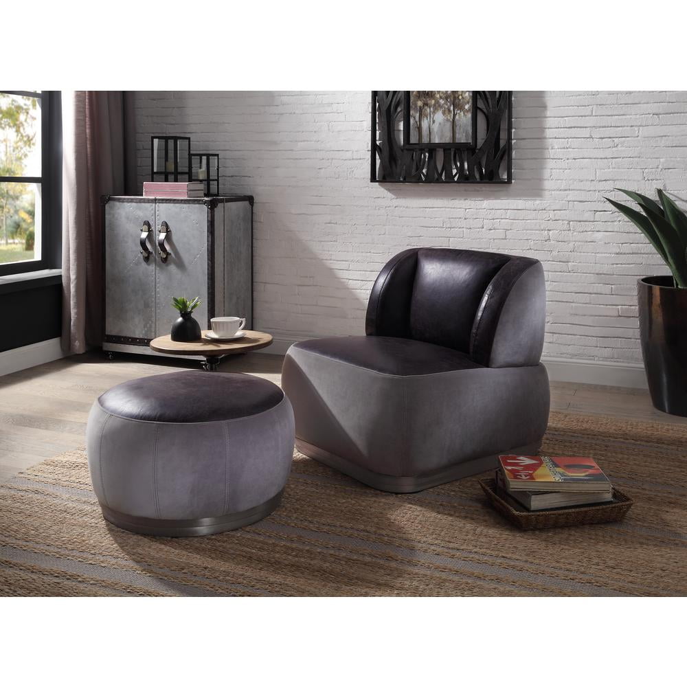 Antique Slate and Gray Leather Metal Accent Chair with Ottoman