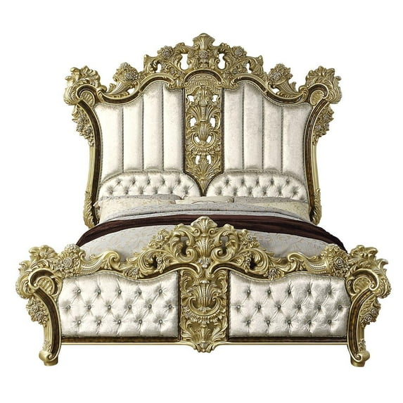 Acme Furniture Desiderius Eastern King Bed, Beige Fabric, Antique Gold & Hand Paint Brown