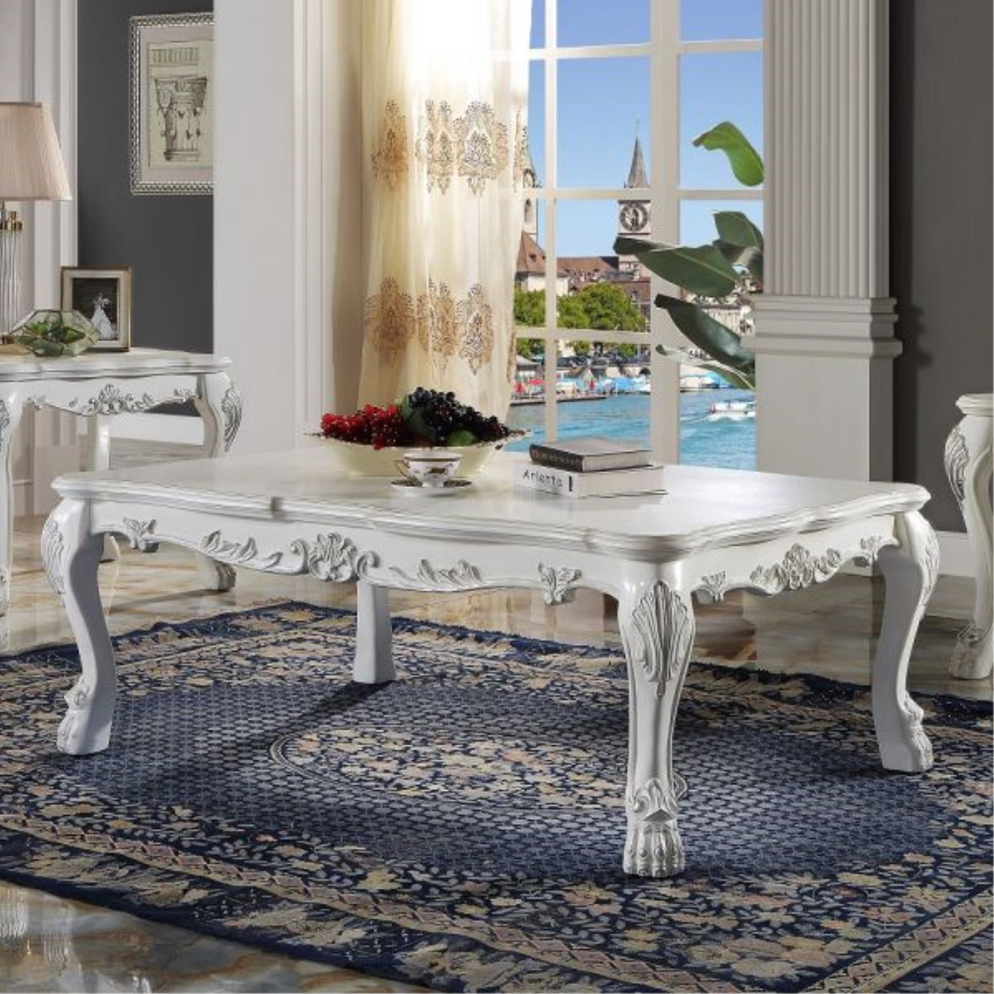 Bone White Ornate Wood Coffee Table with Carved Details