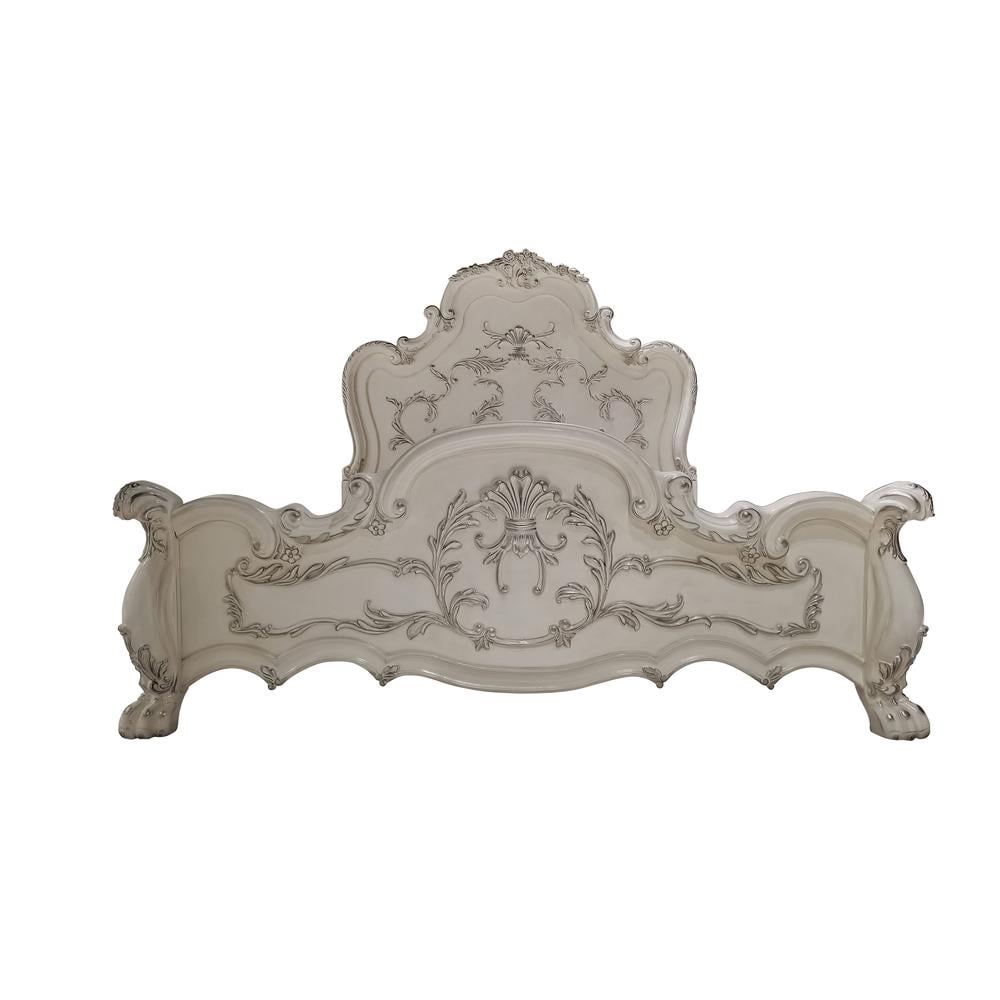Bone White King Upholstered Wood Bed with Carved Details