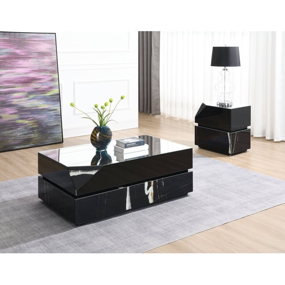 ACME Drisana Wood and Tempered Glass Rectangular Coffee Table in Black Mirrored