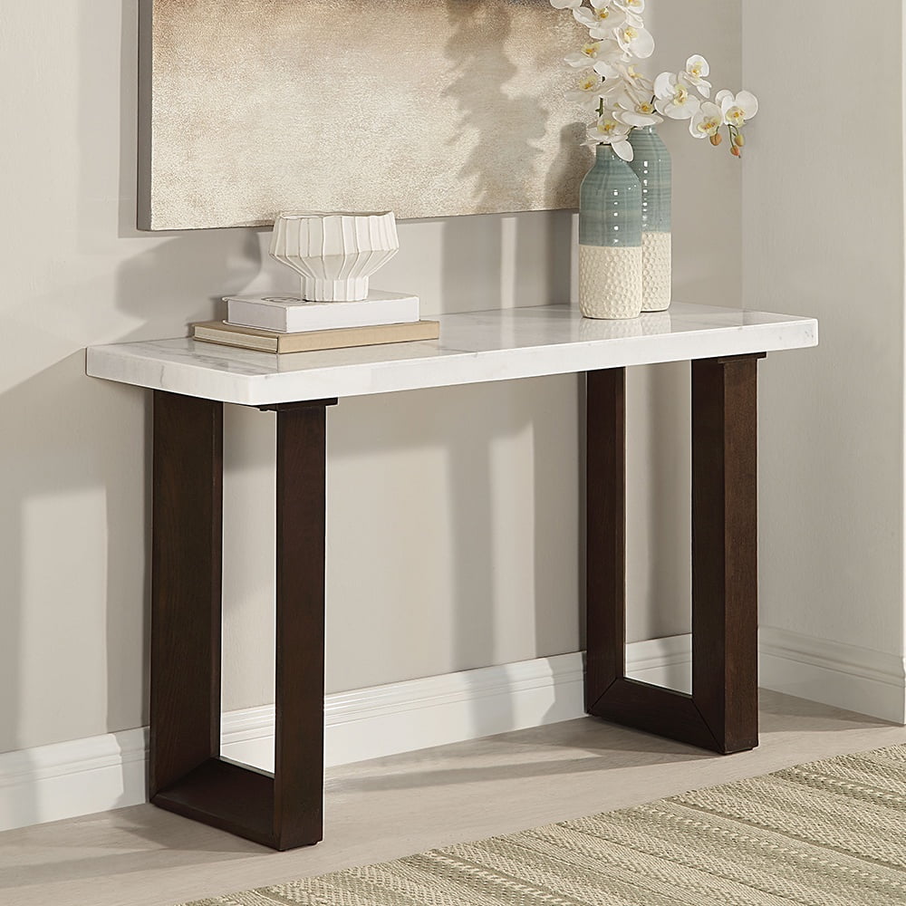 Edwyn 30" White Marble Top and Brown Wood Sofa Table