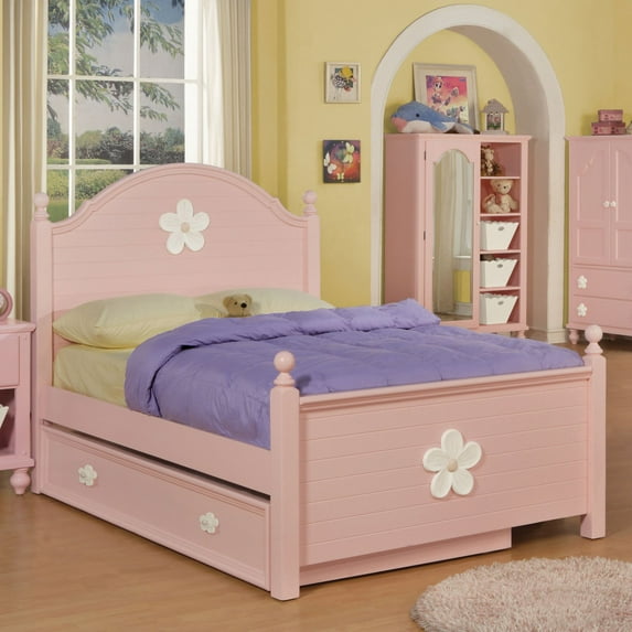 Acme Furniture Floresville Pink and White Flower Kids Platform Bed with Optional Trundle