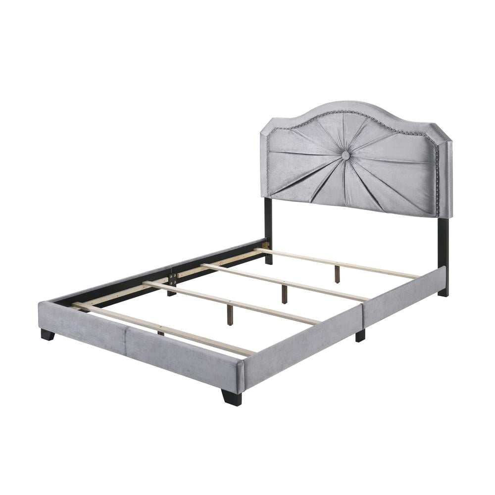 Gray Velvet Queen Upholstered Bed with Tufted Headboard