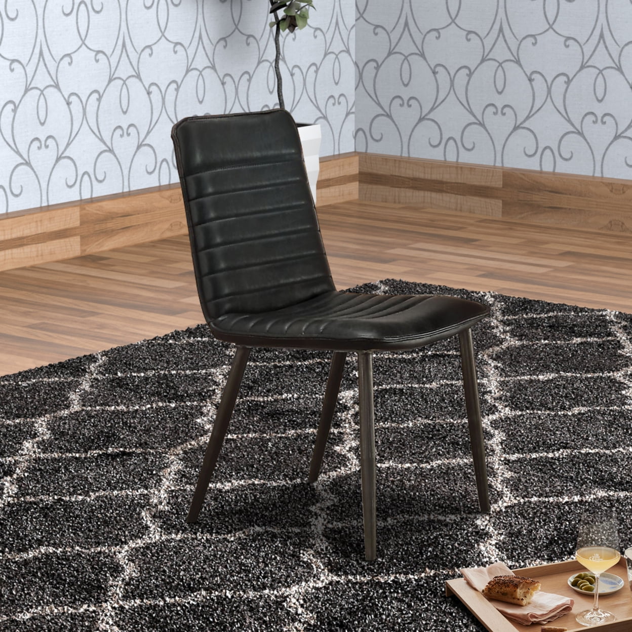 Black Faux Leather Upholstered Side Chair Set with Metal Legs