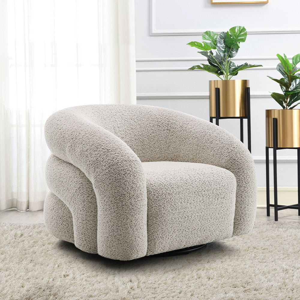 Irma Gray Boucle Swivel Chair with Solid Wood Frame