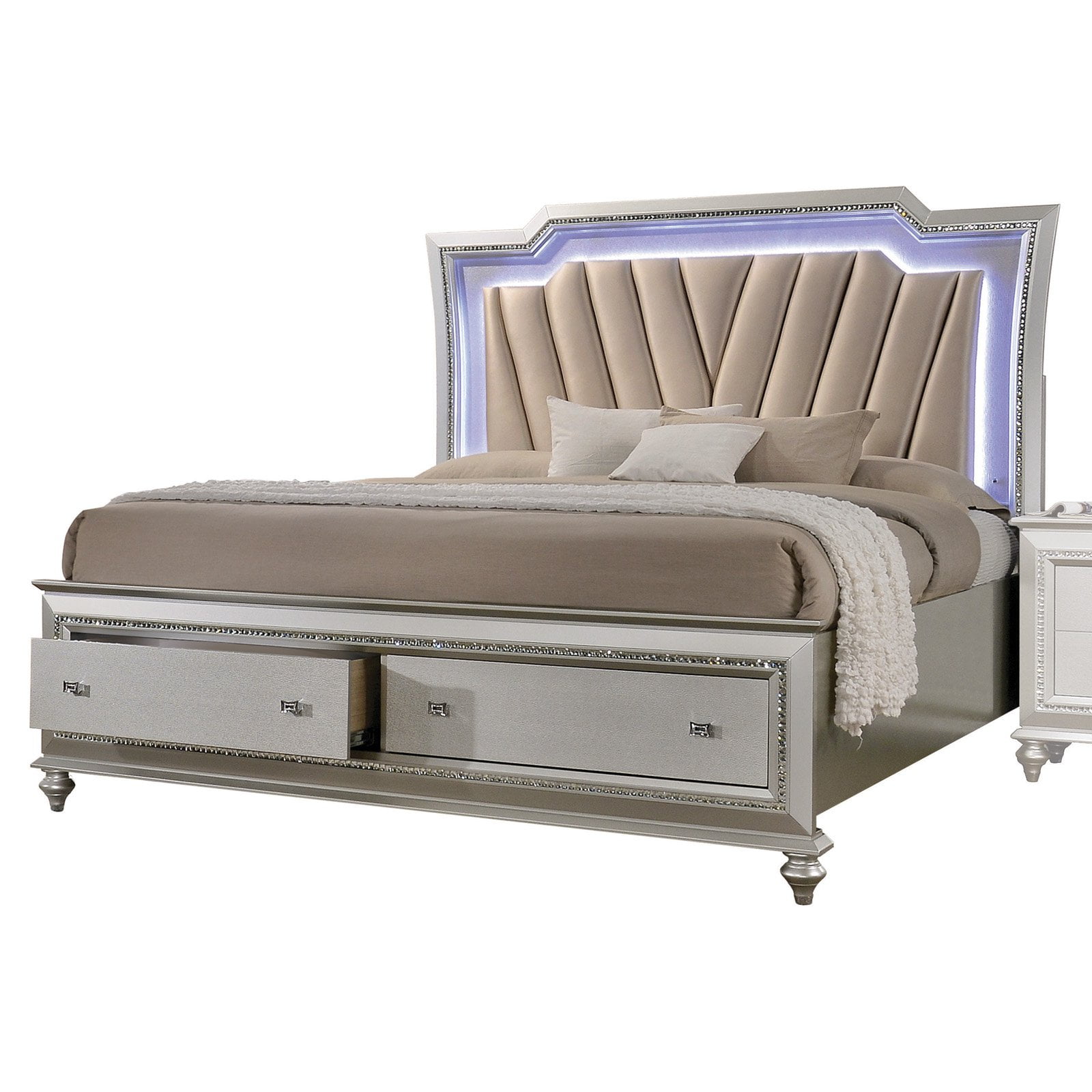 Champagne King Upholstered Platform Bed with Storage and LED Headboard