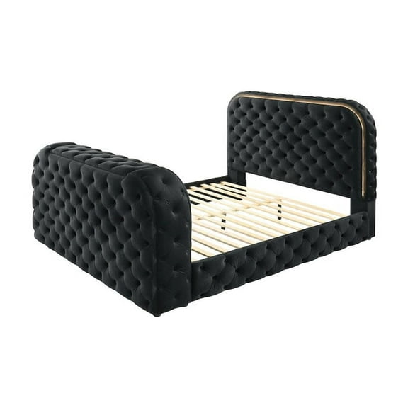 Acme Furniture Kana Queen Bed w/LED, Fireplace & TV Stand in Black Upholstery Velvet