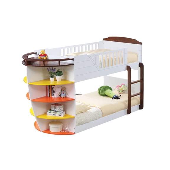 Acme Furniture Kids Wooden Twin/Twin Bunk Bed with Storage Shelves, White / Chocolate