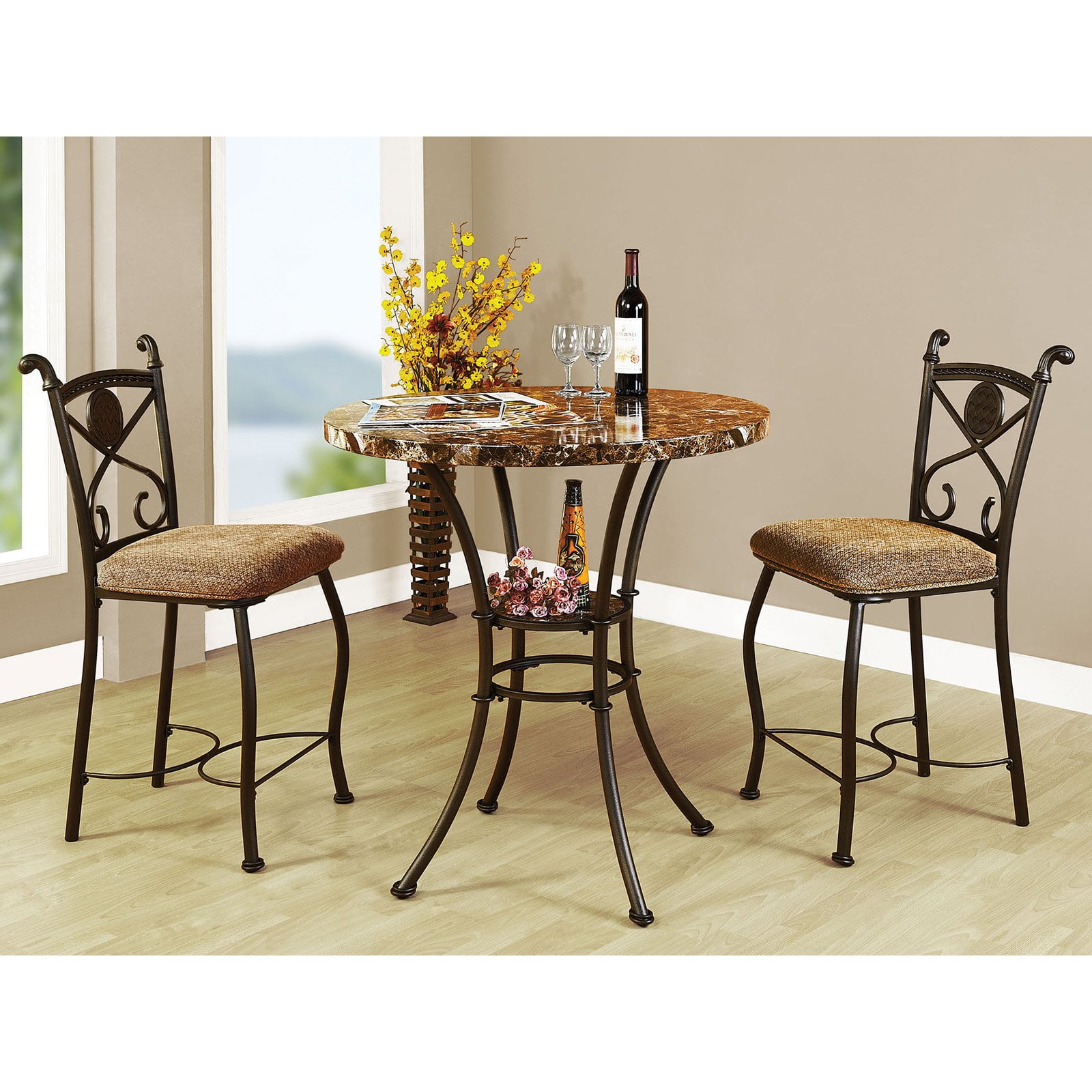 Acme Furniture Kleef 3 Piece Counter Height Faux Marble Dining Table