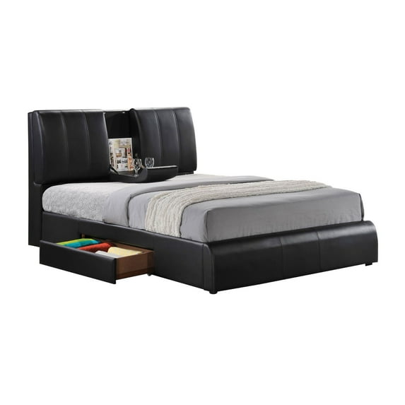 Acme Furniture Kofi Bed with Storage in Black Faux Leather, Queen