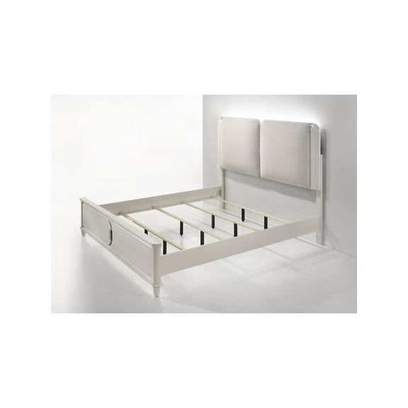 Acme Furniture Laveda Queen Bed w/LED in Light Gray Boucle & Pearl White Finish