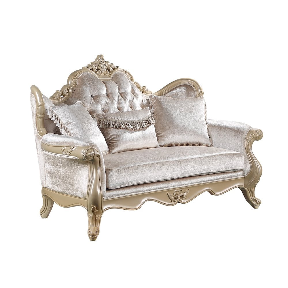 Beige Tufted Fabric Loveseat with Floral Trim and Removable Cushions