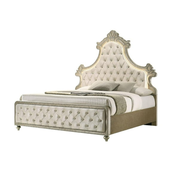 Acme Furniture Lucienne Queen Bed w/LED, Beige Velvet