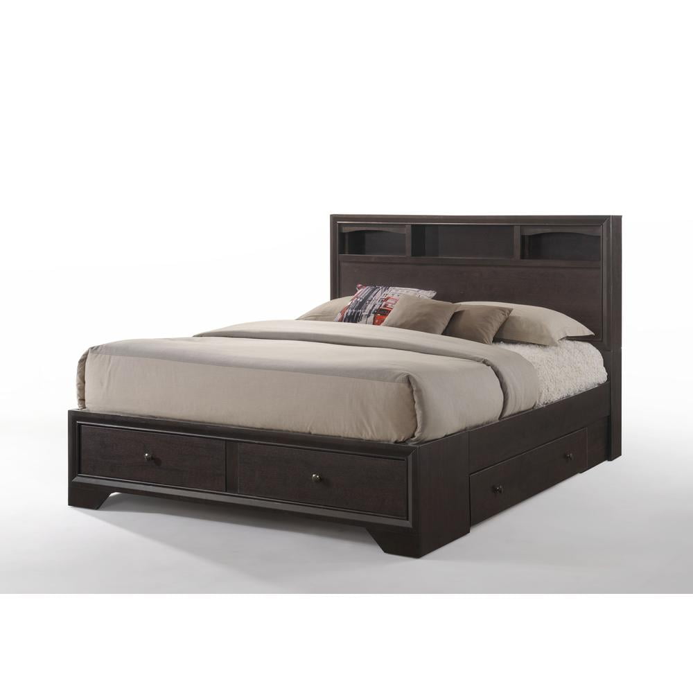 Espresso Queen Wood Panel Bed with Upholstered Headboard