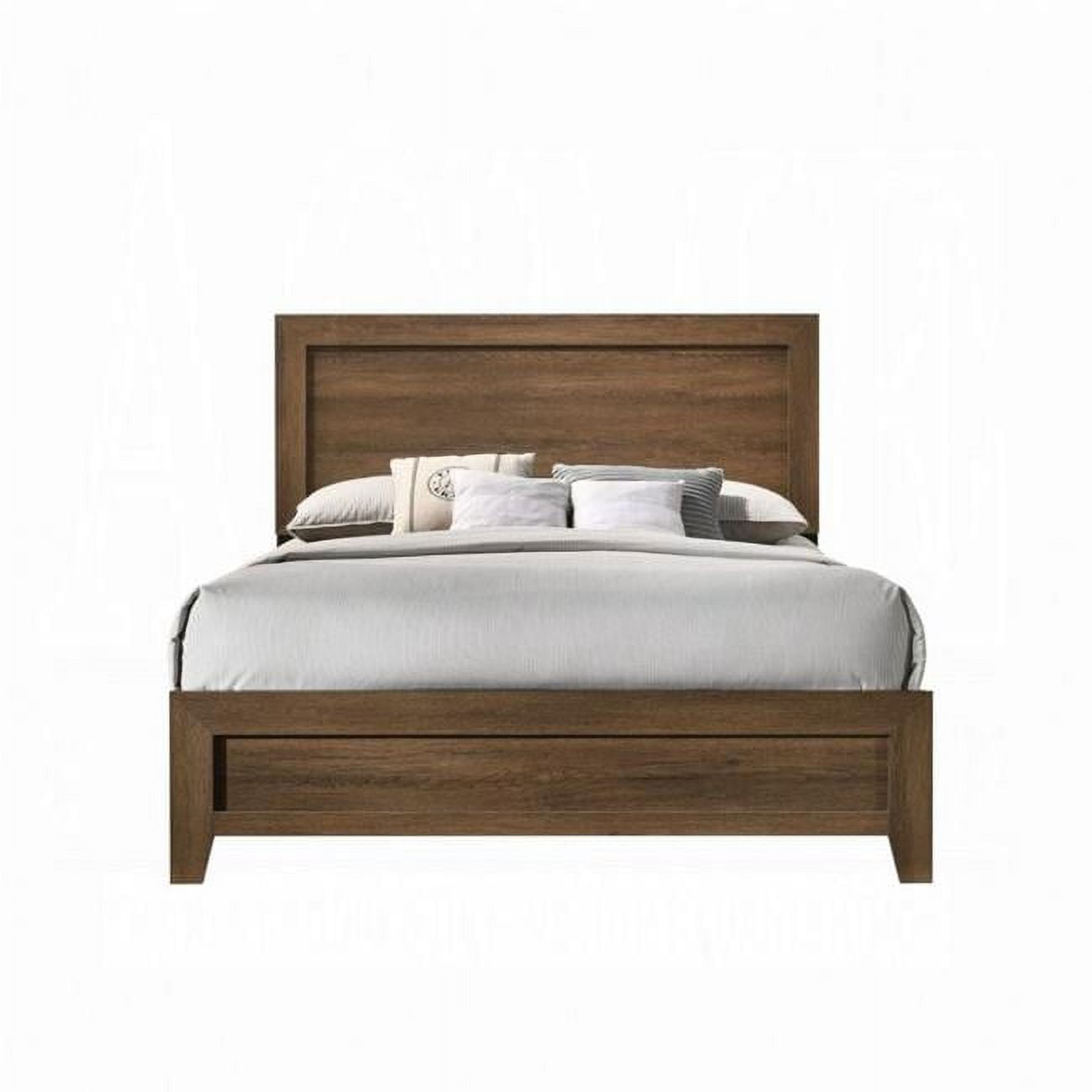 Elegant Oak Queen Bed with Upholstered Headboard and Storage Drawer
