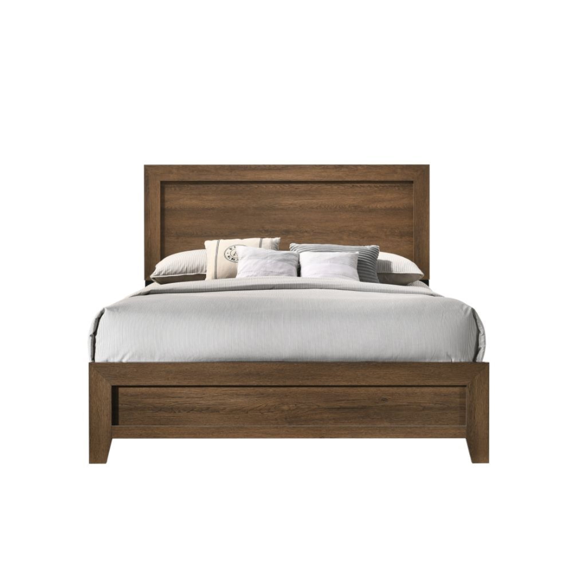 Elegant Oak Queen Bed with Upholstered Headboard and Storage Drawer