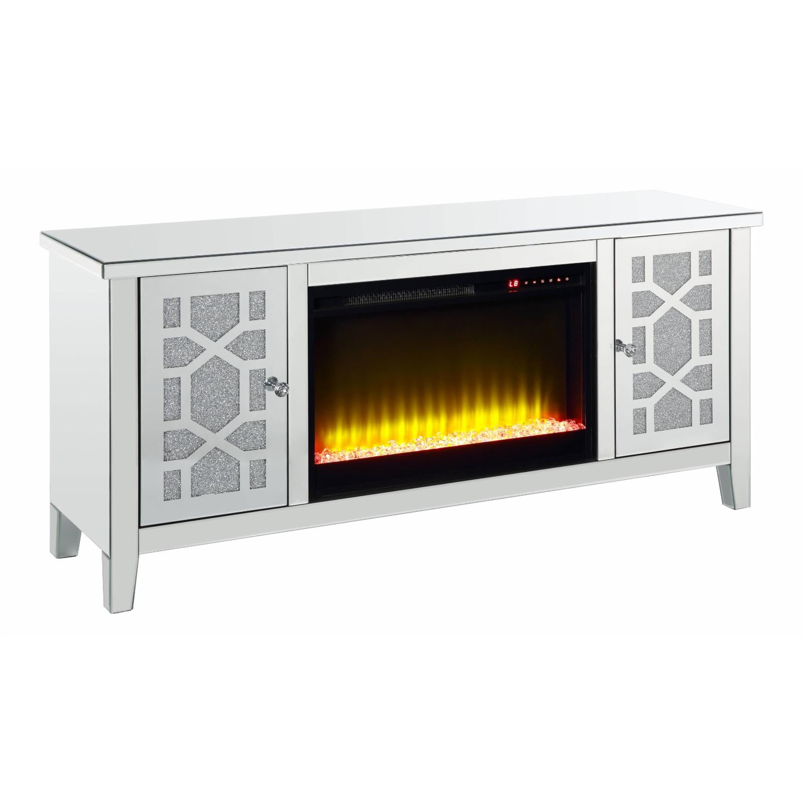 White Mirrored TV Stand with Fireplace and Faux Diamonds
