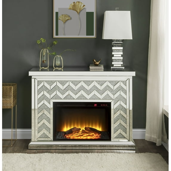 Acme Furniture Noralie Freestanding Electric Fireplace in Mirrored & Faux Diamonds