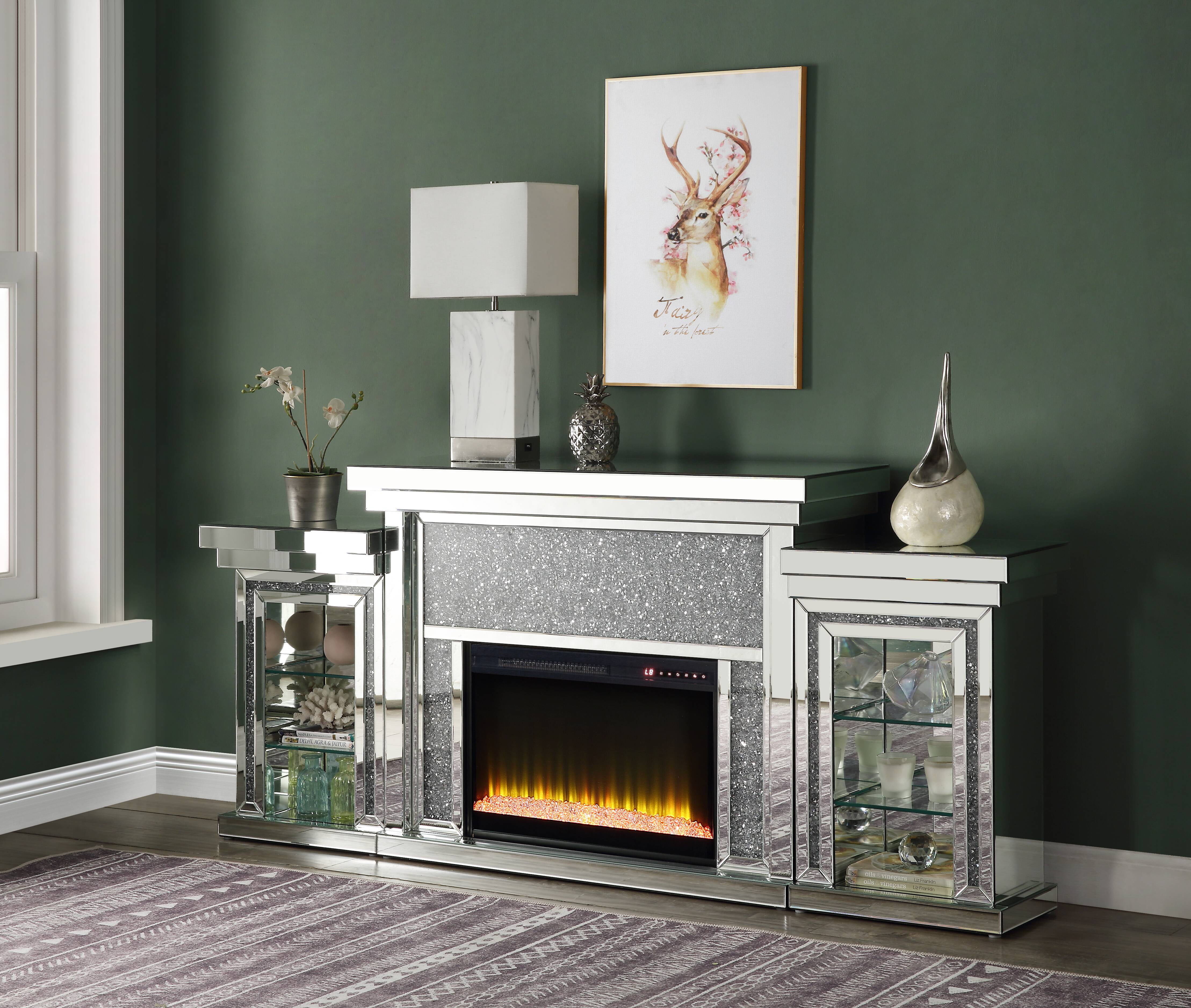 Noralie Mirrored Electric Fireplace with Faux Diamonds and Shelving