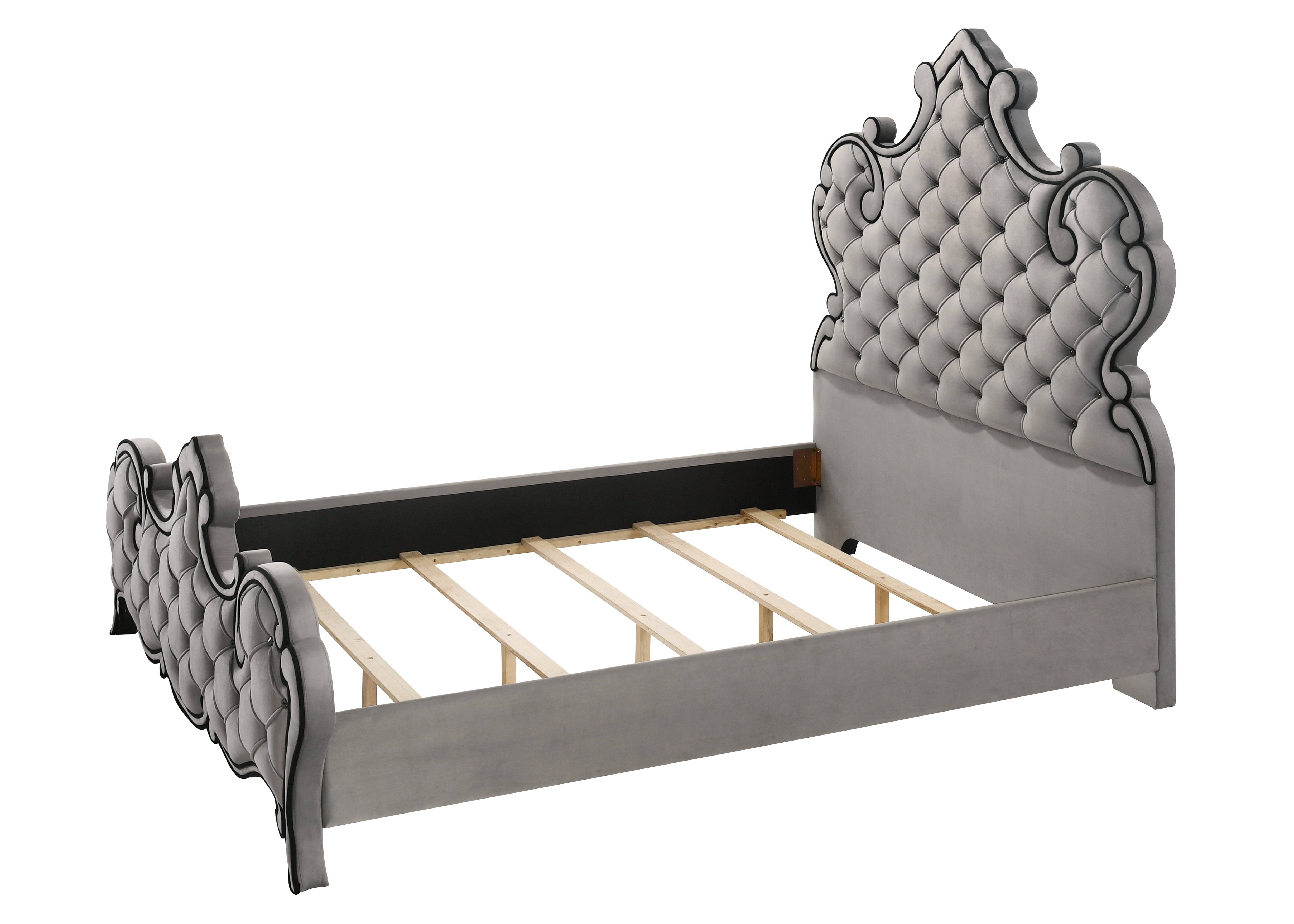 Gray Velvet King Bed with Tufted Upholstered Headboard