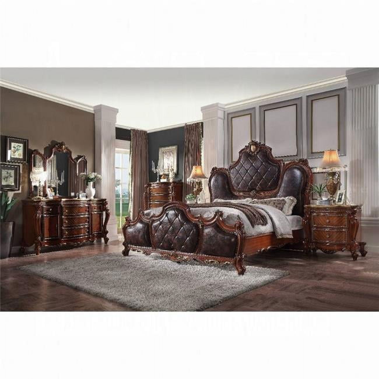 Cherry Oak Queen Bed with Tufted Upholstered Headboard