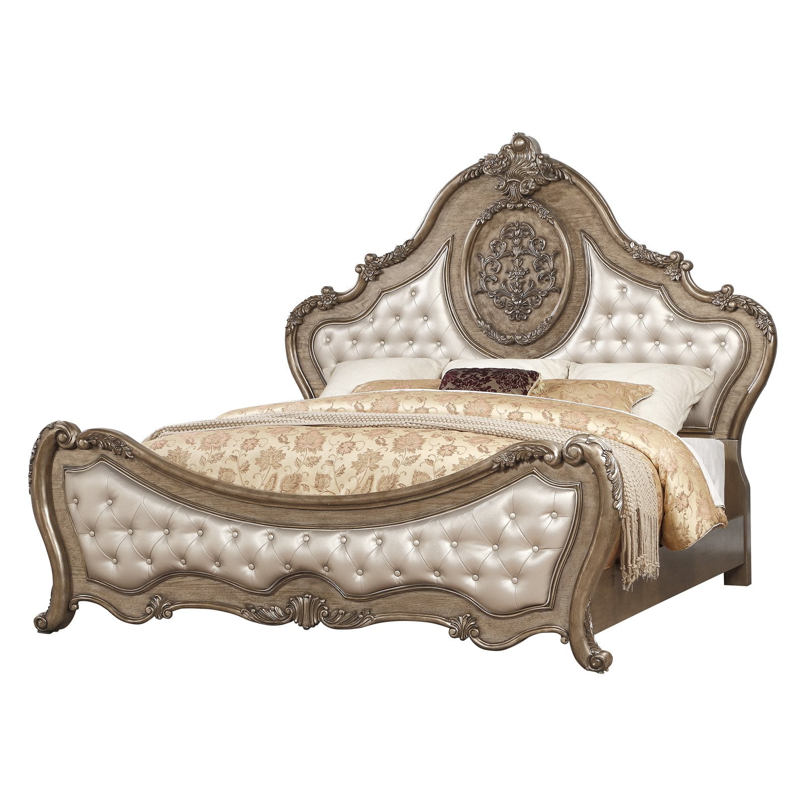 King Size Vintage Oak Upholstered Bed with Tufted Headboard