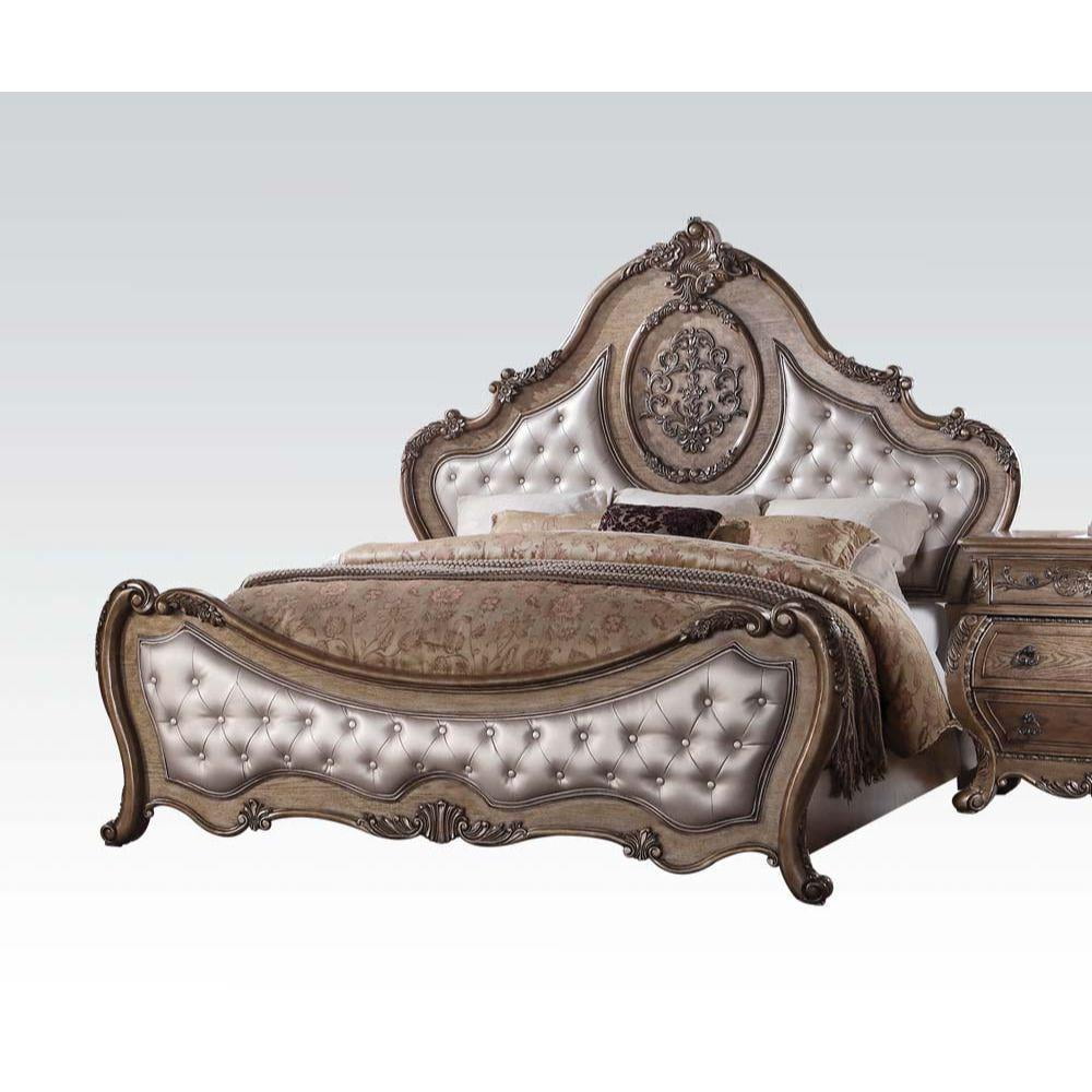 King Size Vintage Oak Upholstered Bed with Tufted Headboard