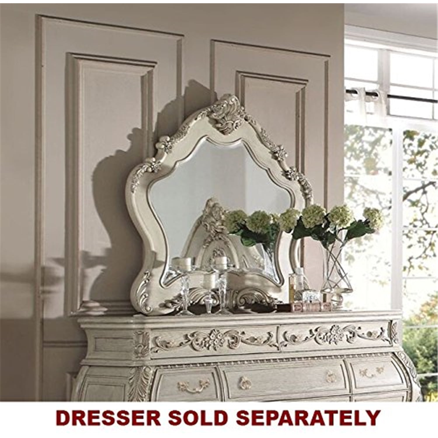 Antique White Ornate Wood Dresser Mirror with Beveled Edges