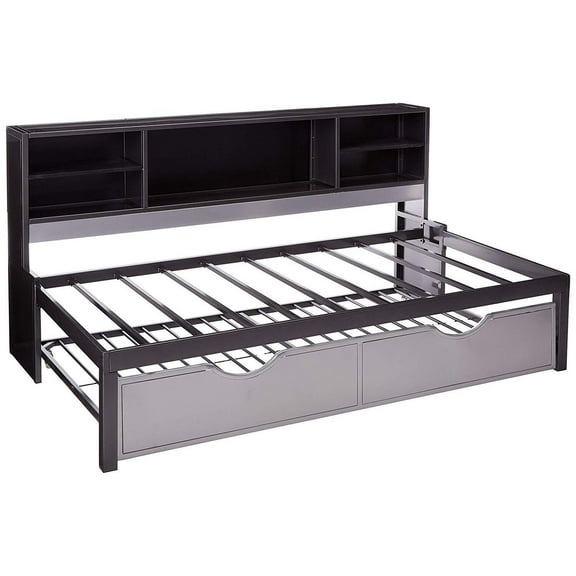 Acme Furniture Renell Twin Bed with Bookcase & Trundle, Black & Silver