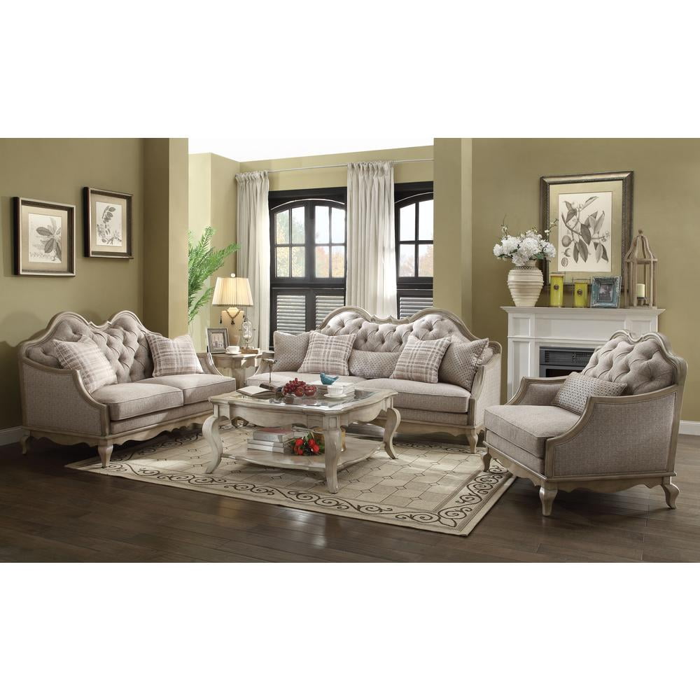 Chelmsford Beige Fabric Tufted Sofa with Antique Taupe Wood Accents