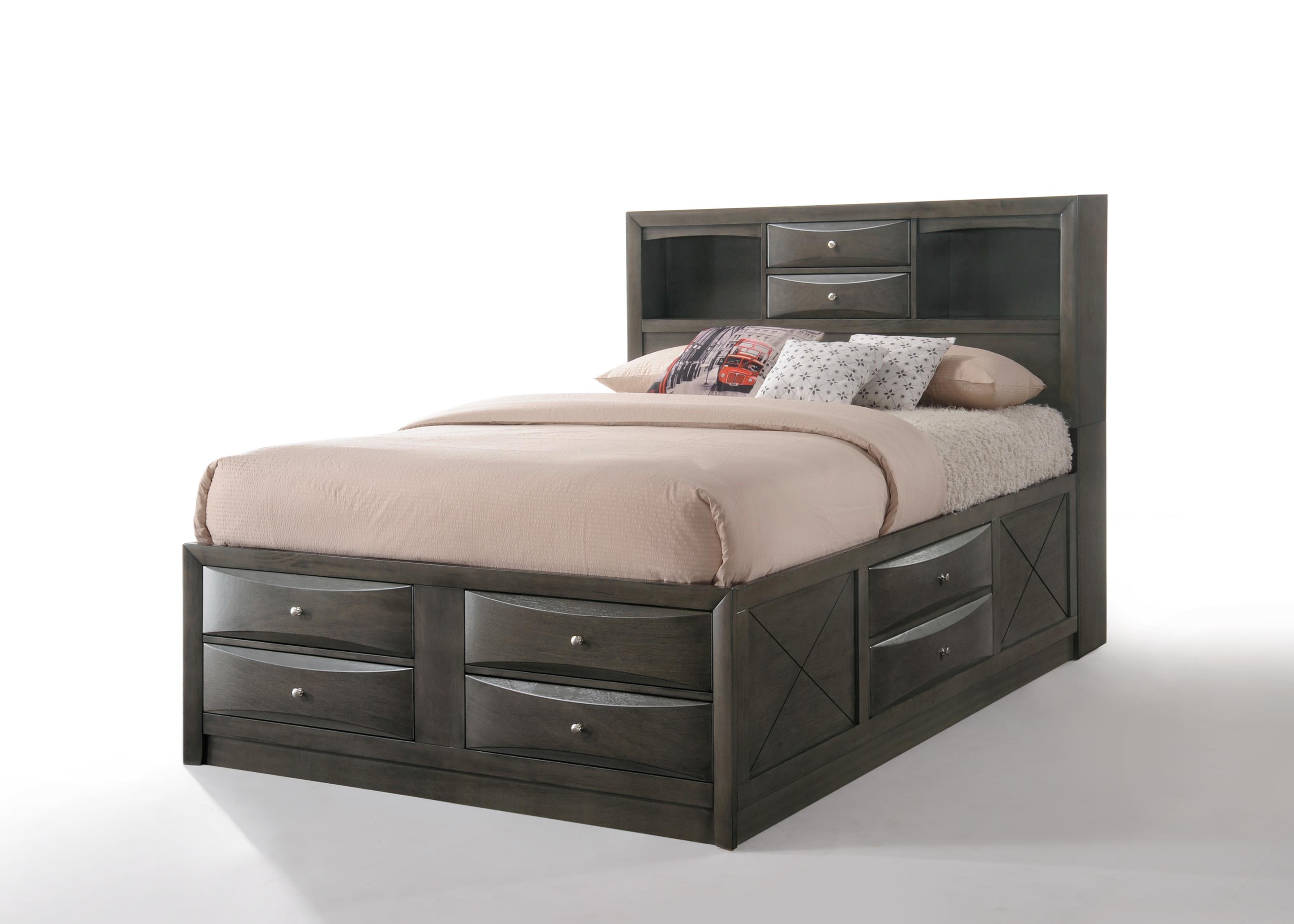 Transitional Gray Oak Queen Bed with Bookcase and Storage Drawers