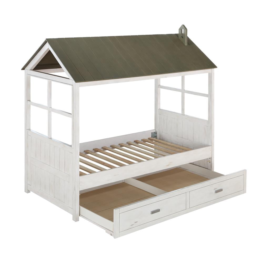 Twin Weathered White & Washed Gray Wood Trundle with Storage