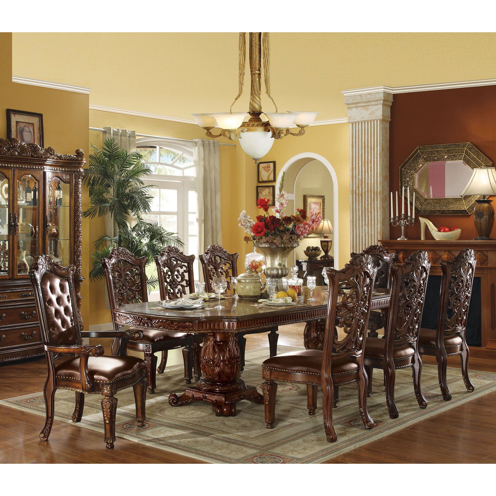 Acme Furniture Vendome Cherry 9 Piece Double Pedestal Dining Table Set